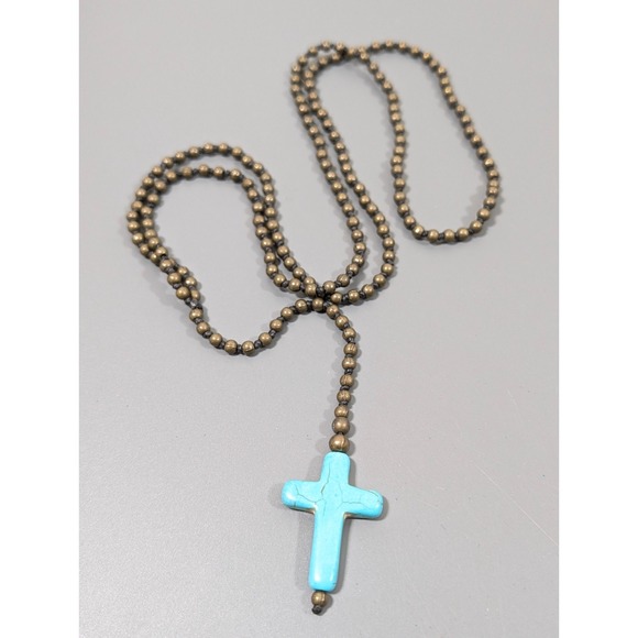 Retro Faux Turquoise Cross Y Drop Necklace Bronze Tone Bead Long Layering 30 in - Picture 2 of 7